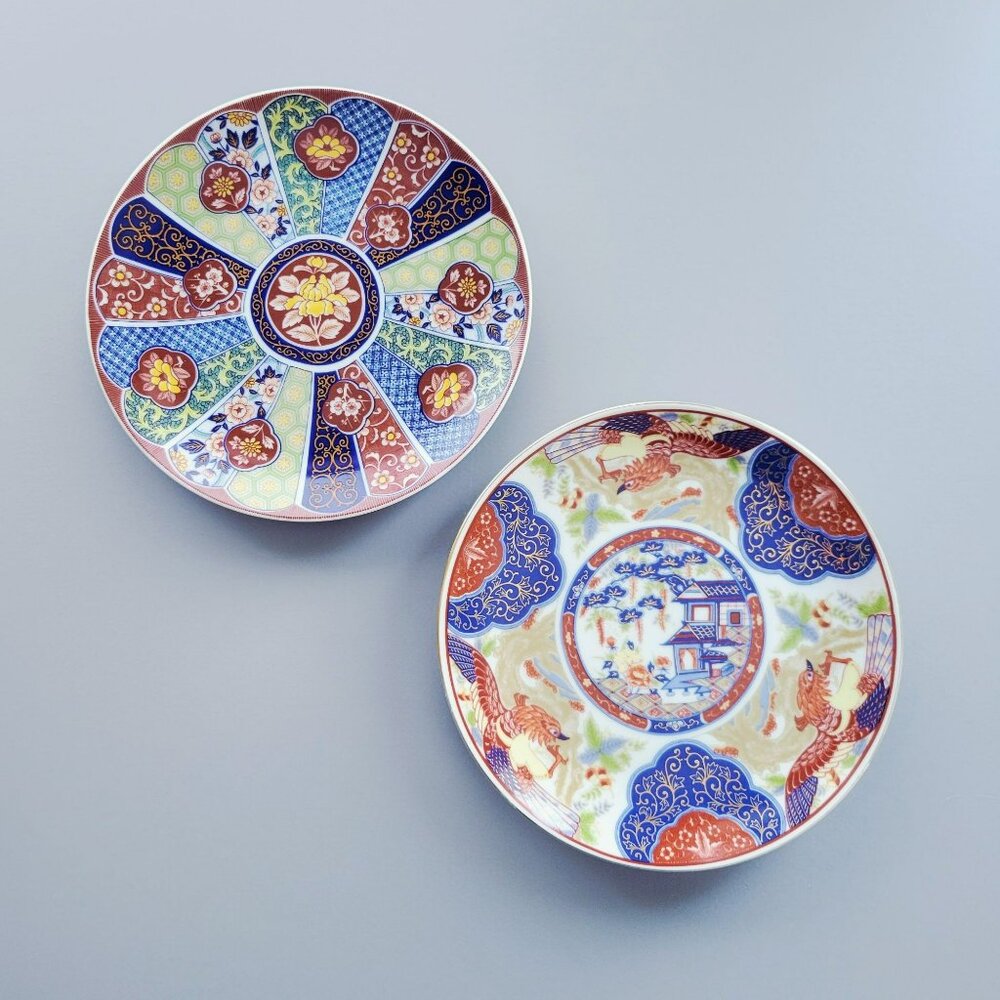 Vintage Imari Ware Decorative 6" Plate SET, Pagoda Temple & Phoenix Colorful